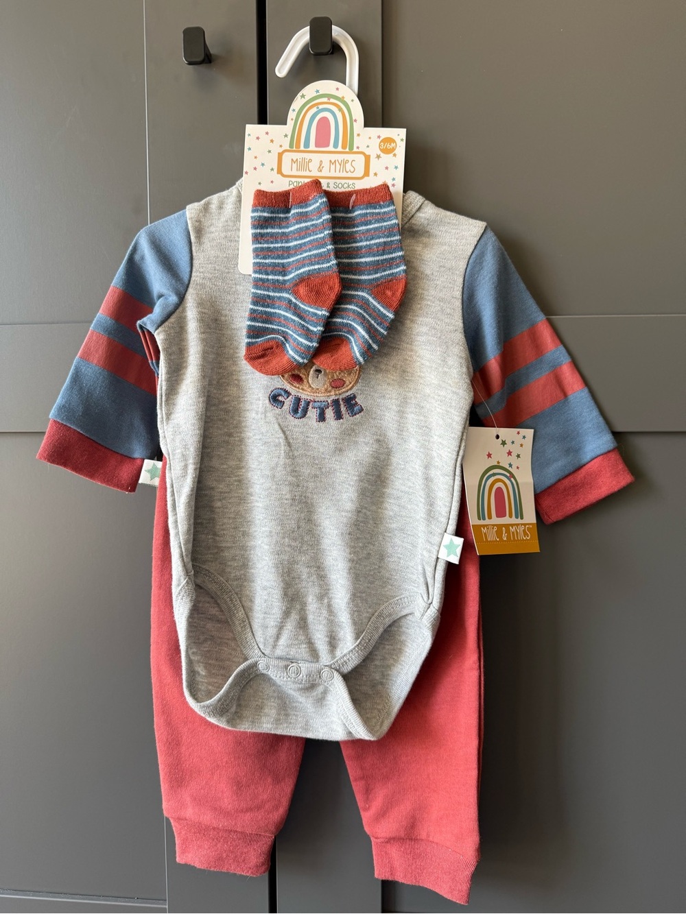 Millie & Myles Baby 3-Piece Set - Gray, Blue & Rust, NWT, 3-6M